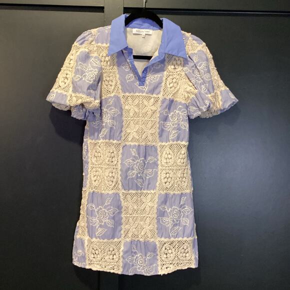 Sofie the Label Sydney Blue Knit Patchwork Mini Dress Collared Puff Sleeve S - Picture 2 of 10